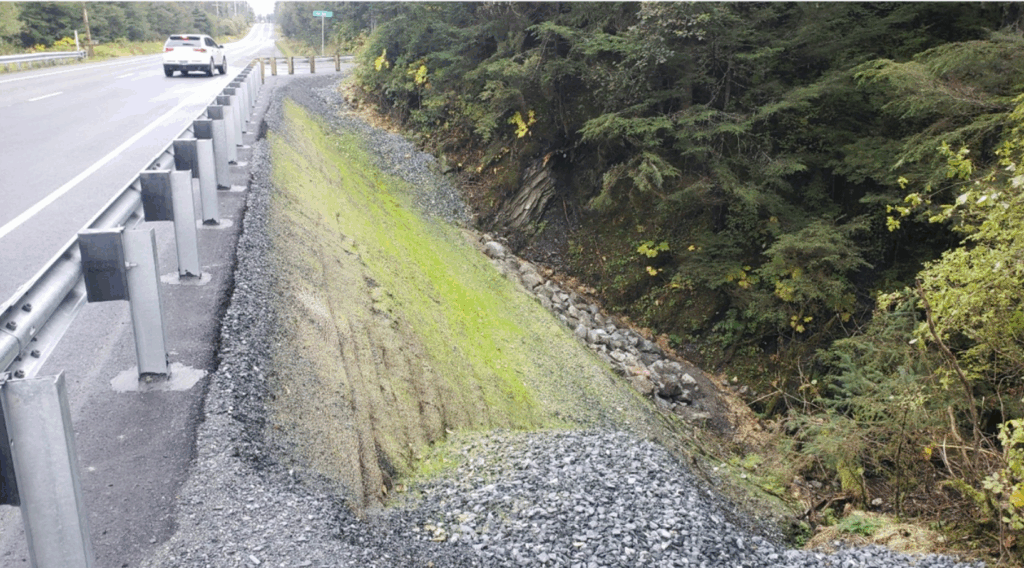 Roadside slope stabilized with rock and geosynthetics, featuring greenery and trees, enhancing geohazard mitigation efforts.