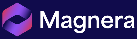Hexagonal logo with a gradient of purple to pink on the left, featuring the text "Magnera" in bold white letters on a dark background.